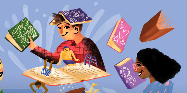 Een grafische illustratie van personen die samen boeken lezen en ervaringen uitwisselen